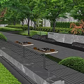 Modern Garden Wall Design With Trees Hedges Stone Pavement And Chess Tables 3d model