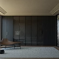Modern Walk In Closet Interior With Glass Doors Dark Wood Cabinets And Leather Chaise Lounge