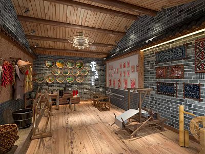 Traditional Folk Craft Exhibition Space With Wooden Ceiling Brick Walls Hanging Chili Peppers And Loom 3d model