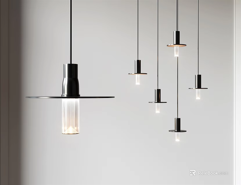 Sleek Modern Black Metal Pendant Lights With Clear Glass Shades Hanging In Living Room 3d model 