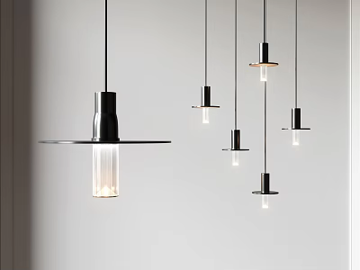 Sleek Modern Black Metal Pendant Lights With Clear Glass Shades Hanging In Living Room 3d model