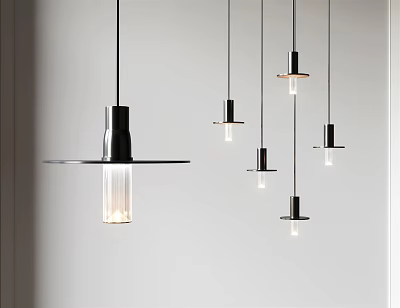 Sleek Modern Black Metal Pendant Lights With Clear Glass Shades Hanging In Living Room 3d model