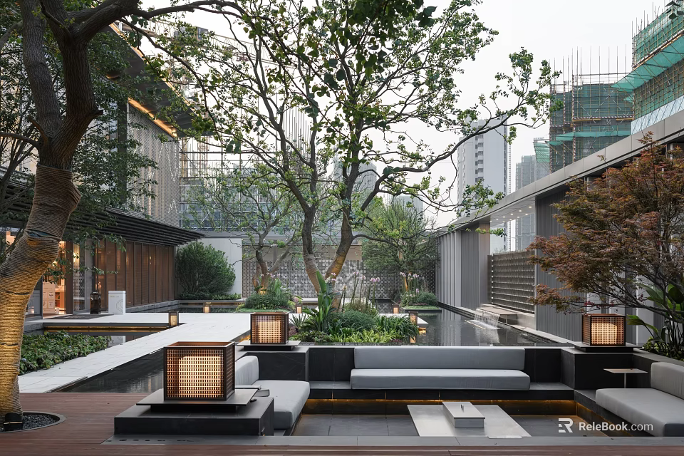 Serene Garden Landscape With Lush Trees Water Pool Seating Areas And Modern Building Backdrop 3d model 