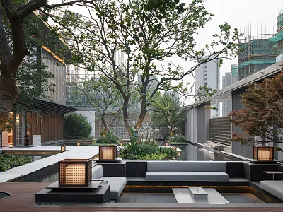 Serene Garden Landscape With Lush Trees Water Pool Seating Areas And Modern Building Backdrop 3d model