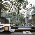Serene Garden Landscape With Lush Trees Water Pool Seating Areas And Modern Building Backdrop