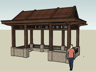 Wooden Pavilion Design With Sloped Brown Roof Stone Base And Wooden Columns 3d model