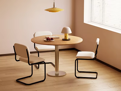 Round Wooden Dining Table With Three Chairs White Seats Black Frames Yellow Lamp And Fruits 3d model
