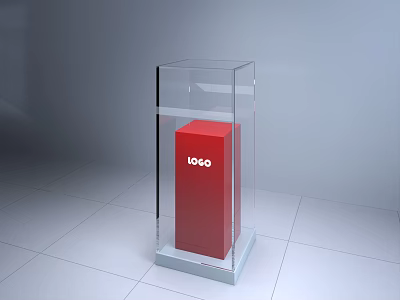 Transparent Glass Display Shelf with Red Cube and Logo for Indoor Product 3d model