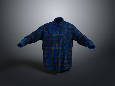 Oversized Blue Plaid Long Sleeve Collared Casual Shirt With Front Pocket 3d model