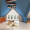 Kids Living Room With Yellow Walls Blue Sloped Ceiling Moon Cloud Decor And Rocking Horse
