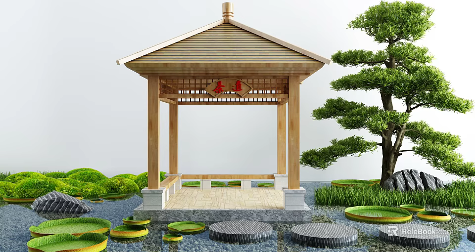Charming Garden Ornaments With Wooden Pavilion Tiled Roof Pine Tree And Lily Pad Pond 3d model 