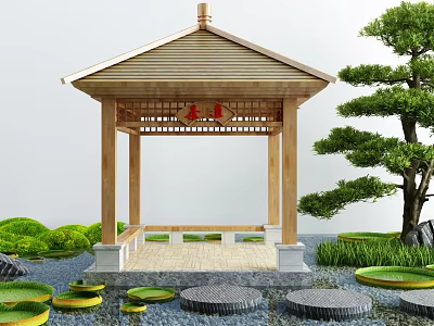 Charming Garden Ornaments With Wooden Pavilion Tiled Roof Pine Tree And Lily Pad Pond 3d model