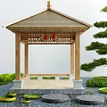 Charming Garden Ornaments With Wooden Pavilion Tiled Roof Pine Tree And Lily Pad Pond