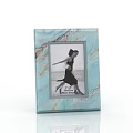 Decorative Photo Frame with Light Blue Marble Texture Black White Woman Seaside