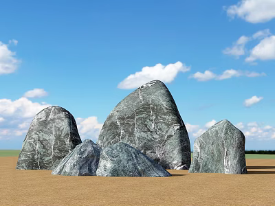 Natural Large Stones and Wood with Blue Sky White Clouds Distant Trees Sandy Ground 3d model