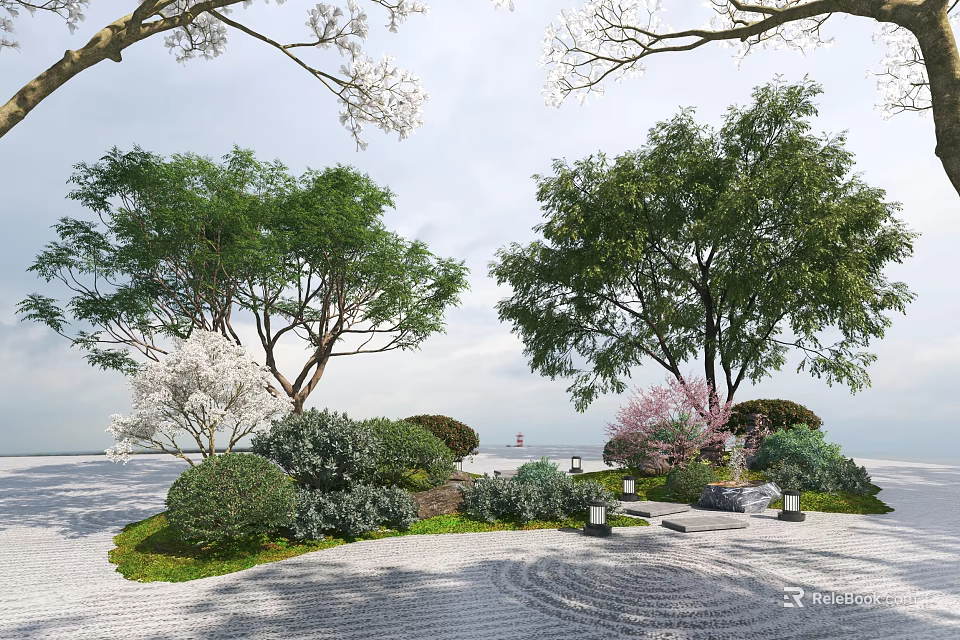 Arbor Trees In Serene Garden With Lush Foliage Blooming Plants And Stone Path 3d model 