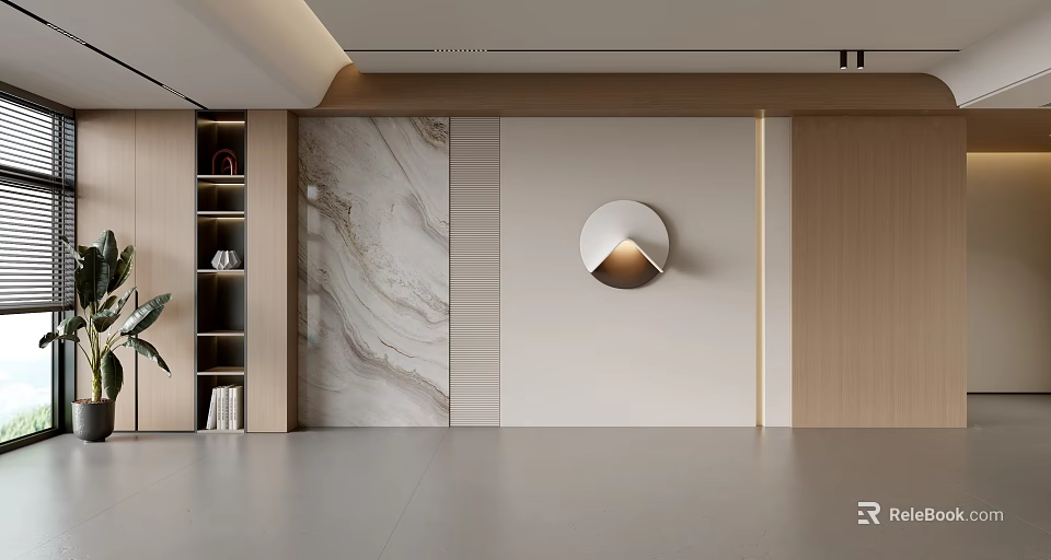 Modern Sofa Background Wall Design With Marble Panel Wooden Accent And Round Wall Lamp 3d model 
