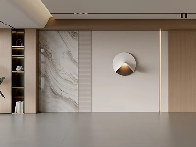 Modern Sofa Background Wall Design With Marble Panel Wooden Accent And Round Wall Lamp 3d model