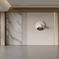 Modern Sofa Background Wall Design With Marble Panel Wooden Accent And Round Wall Lamp