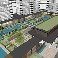 Modern High Rise Apartment Complex With Central Courtyard Green Space And Water Features