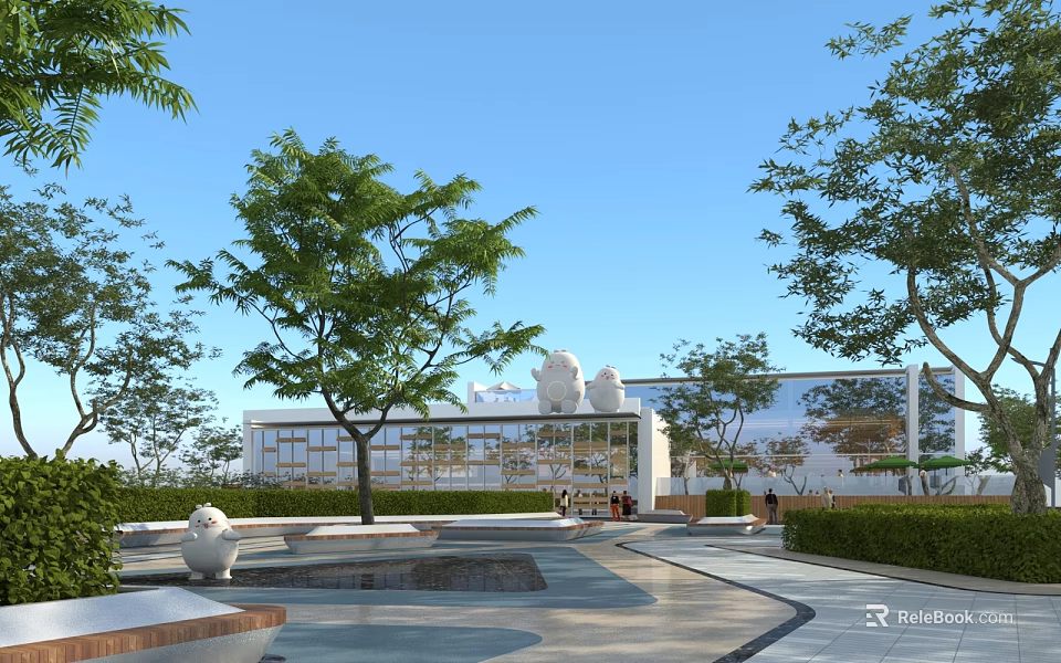 Park Landscape With Green Trees Modern Buildings Fountains Plaza And Benches 3d model 