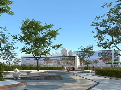 Park Landscape With Green Trees Modern Buildings Fountains Plaza And Benches 3d model