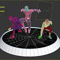 Spider Man Characters In Dynamic Poses On Circular Platform With Spider Web Design 3d model