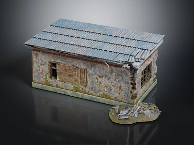 Dilapidated Small House Model With Broken Window Metal Roof Damaged Walls And Nearby Debris 3d model