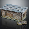 Dilapidated Small House Model With Broken Window Metal Roof Damaged Walls And Nearby Debris