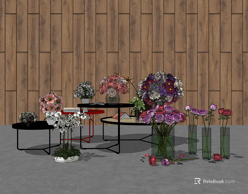 Colorful Flower Arrangements in Vases on Display Against Wooden Wall Background 3d model 