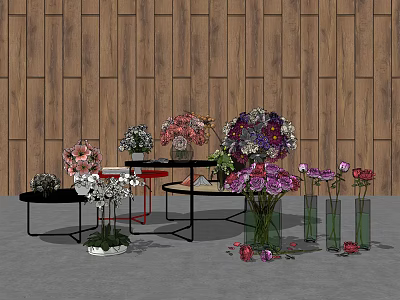 Colorful Flower Arrangements in Vases on Display Against Wooden Wall Background 3d model