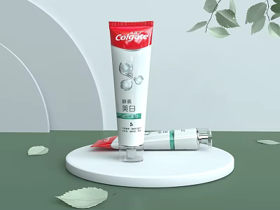 Colgate Whitening Toothpaste Bathroom Accessories Display With Green Leaves And White Base 3d model