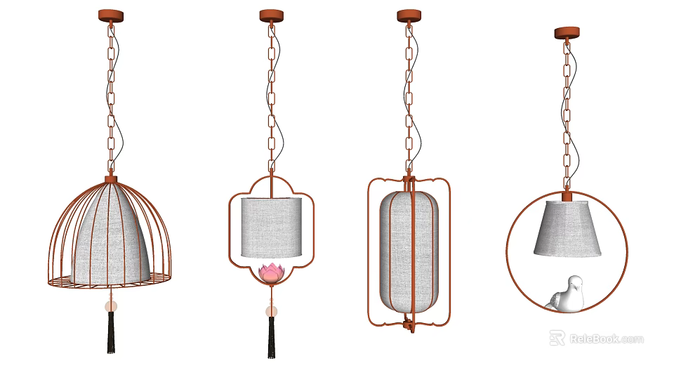 Various Modern Pendant Lights With Metal Frames And Fabric Shades Decorative Elements 3d model 