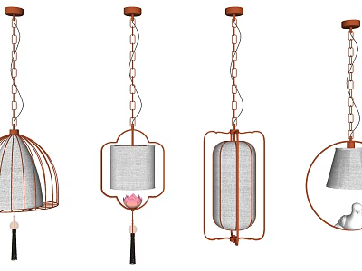 Various Modern Pendant Lights With Metal Frames And Fabric Shades Decorative Elements 3d model