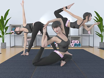 Women Practicing Yoga Poses On Mat In Indoor Studio With Plants And Shelves 3d model