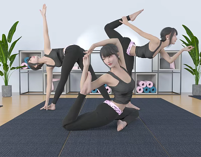 Women Practicing Yoga Poses On Mat In Indoor Studio With Plants And Shelves 3d model