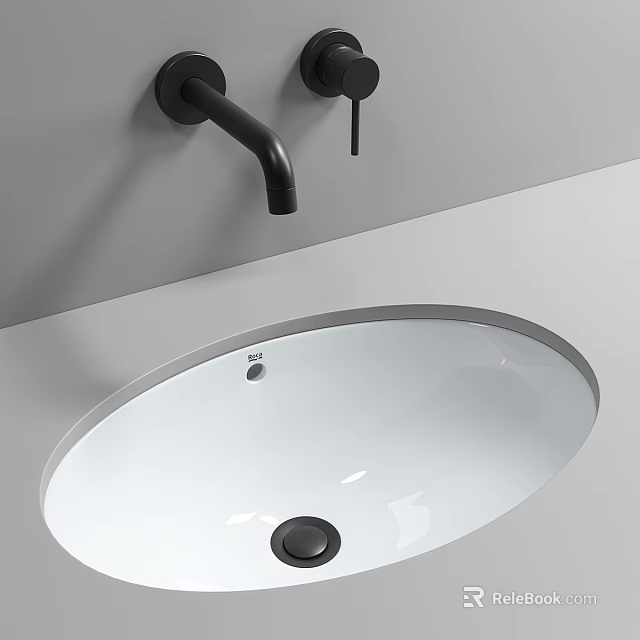 White Round Washbasin with Wall Mounted Black Faucet in Modern Bathroom Design 3d model 