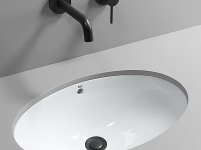 White Round Washbasin with Wall Mounted Black Faucet in Modern Bathroom Design 3d model