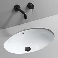 White Round Washbasin with Wall Mounted Black Faucet in Modern Bathroom Design