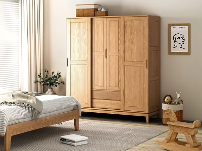 Natural Wooden Wardrobe in Cozy Bedroom with Bed Plant and Wall Art 3d model