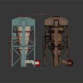 Industrial Processing Equipment With Blue And Brown Metal Frames Pipes And Platforms