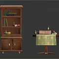Brown Wooden Bookshelf With Multiple Shelves And Small Round Table With Tablecloth Books And Candle