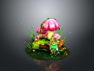 Decorative Pink Mushroom Shaped Household Ornament With Green Grass And Dwarf Doll 3d model