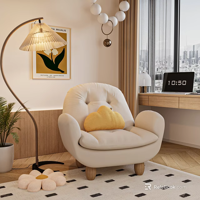 Cozy Beige Single Sofa with Yellow Heart Pillow and Floor Lamp in Modern Living Room 3d model 