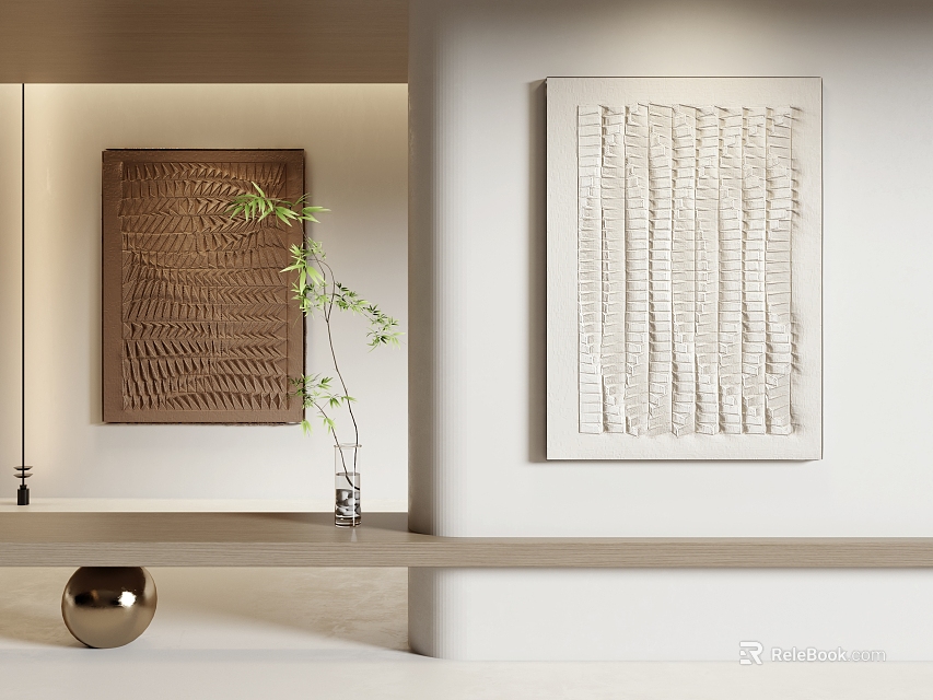 Textured Abstract Paintings In Modern Interior With Brown Wave White Striped Wooden Shelf Green Plant 3d model 