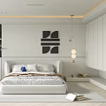 Modern Bedroom Interior With White Bed Wall Art And Pendant Lighting