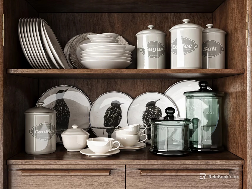 Organized Dinnerware Display In Wooden Kitchen Cabinet 3d model 