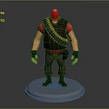 Bald Muscular Game Character With Red T-shirt Black Vest Ammunition Belt And Dark Boots