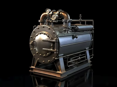 Industrial Metal Pressure Vessel With Pipes Gauges And Steel Structure Base 3d model