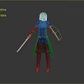 Woman Standing in Blue and Black Armor Holding Sword and Shield